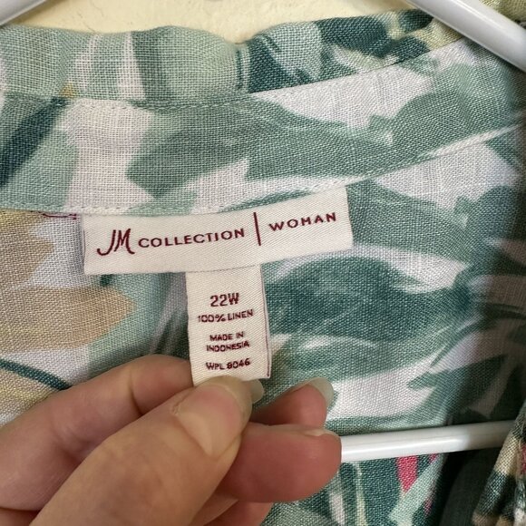 JM Collection Womans Top Plus Size 22W Floral Print Linen Button Up Tropical - Picture 2 of 8